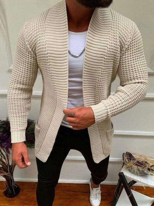 Men's solid color loose casual knitted cardigan in beige, featuring a textured knit design.