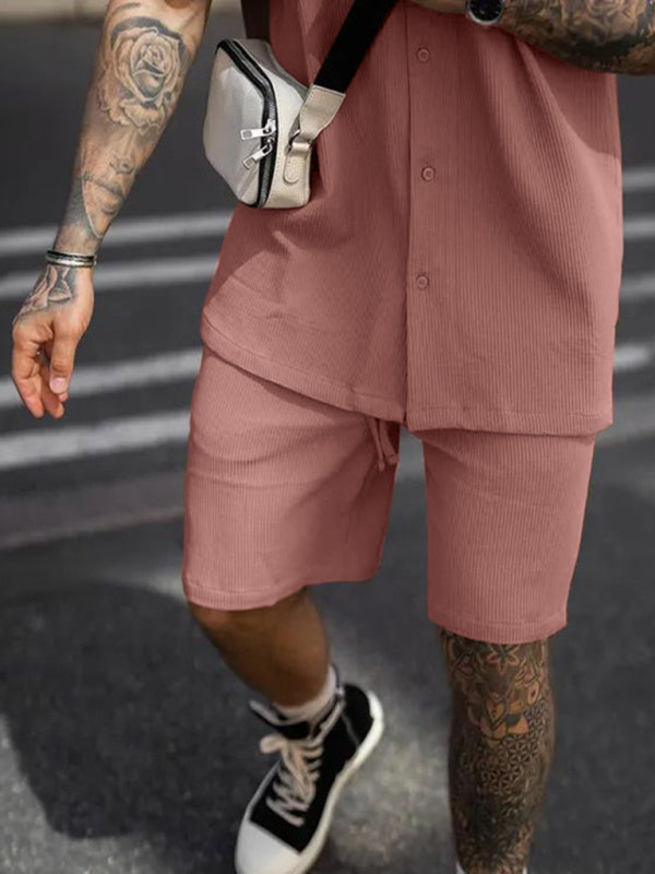 Casual Elegance: Men's Button Lapel Short Sleeve Shorts Set