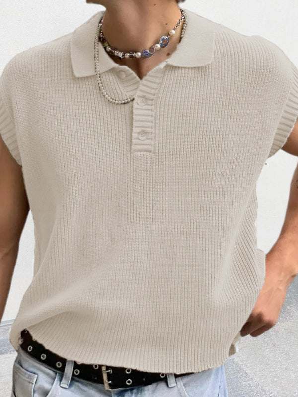 Men's beige lapel polo collar knitted top, acrylic material, solid color, spring-summer style.