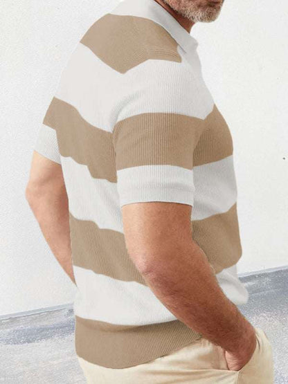 Vibrant Striped Men's Short-Sleeved Polo Knit - Elevate Your Spring-Summer Style!