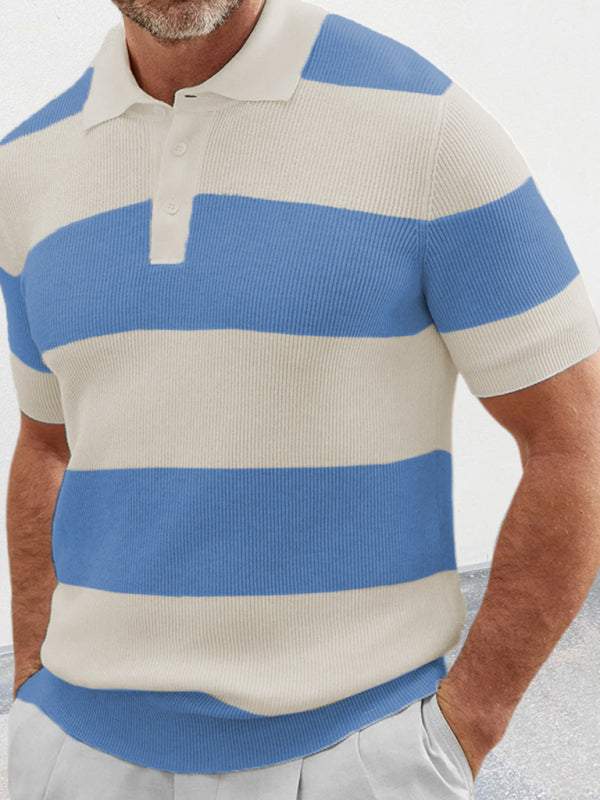 Men's striped short-sleeved polo knitwear in white and blue with lapel collar.