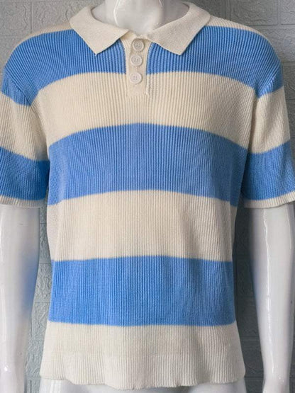 Vibrant Striped Men's Short-Sleeved Polo Knit - Elevate Your Spring-Summer Style!