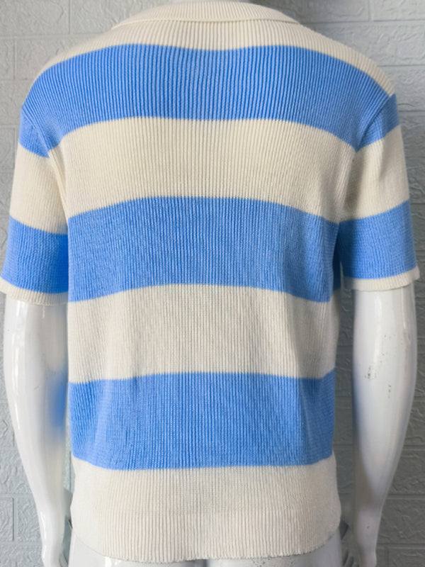 Vibrant Striped Men's Short-Sleeved Polo Knit - Elevate Your Spring-Summer Style!