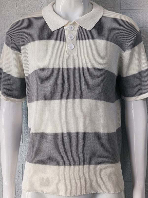 Vibrant Striped Men's Short-Sleeved Polo Knit - Elevate Your Spring-Summer Style!