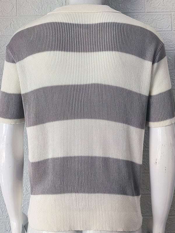 Vibrant Striped Men's Short-Sleeved Polo Knit - Elevate Your Spring-Summer Style!