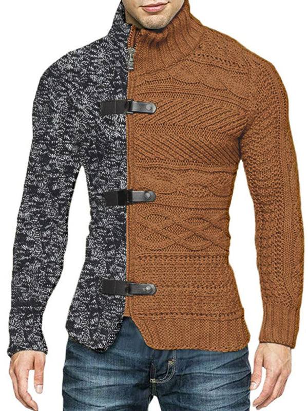 Men's high-necked color skin buckle long-sleeved knit sweater cardigan