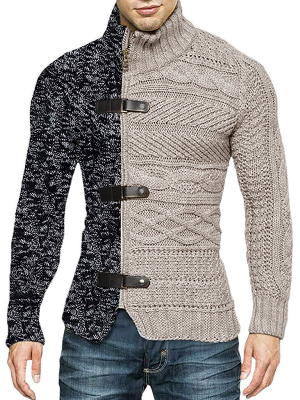 Sophisticated Men's Knit Cardigan with High Neck and Buckle Detail