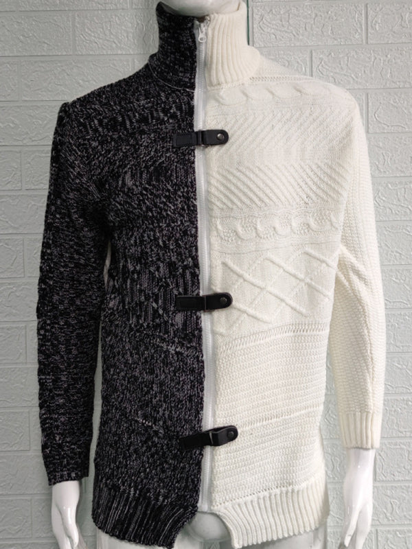Sophisticated Men's Knit Cardigan with High Neck and Buckle Detail