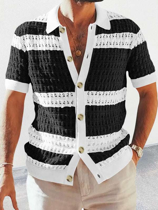 Vibrant Men's Short-Sleeved Color-Blocked Cardigan with Stylish Lapel for Effortless Spring-Summer Fashion