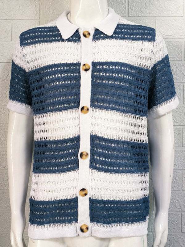 Vibrant Men's Short-Sleeved Color-Blocked Cardigan with Stylish Lapel for Effortless Spring-Summer Fashion