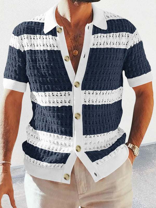 Vibrant Men's Short-Sleeved Color-Blocked Cardigan with Stylish Lapel for Effortless Spring-Summer Fashion