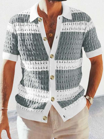 Vibrant Men's Short-Sleeved Color-Blocked Cardigan with Stylish Lapel for Effortless Spring-Summer Fashion