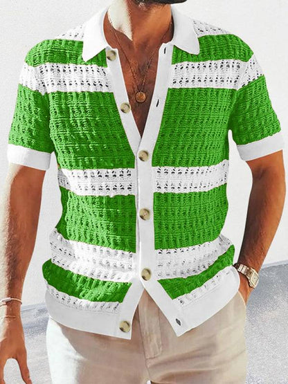 Vibrant Men's Short-Sleeved Color-Blocked Cardigan with Stylish Lapel for Effortless Spring-Summer Fashion