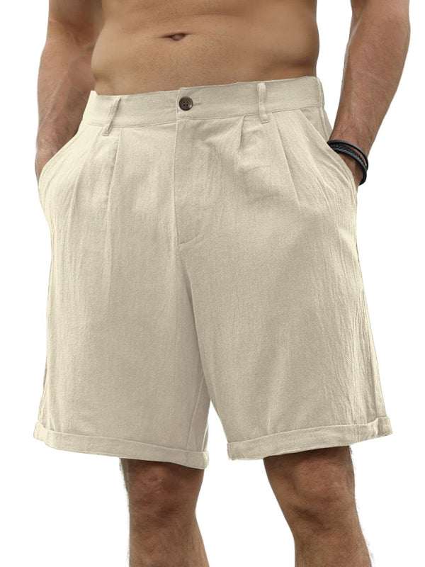 Men's casual beach shorts with buttons and elastic waist in solid color, made of cotton and linen with no back pocket.