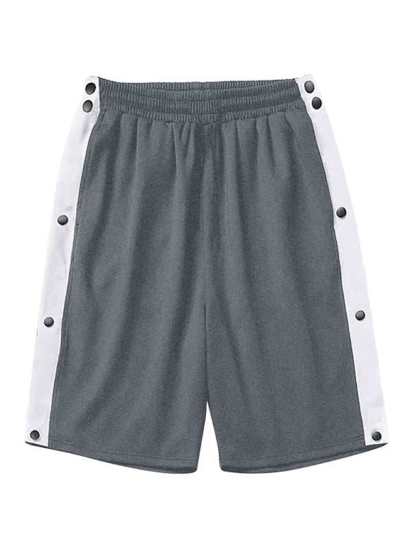 Men's classic casual sports shorts with side buttons, solid pattern, polyester-cotton blend, spring-summer style.