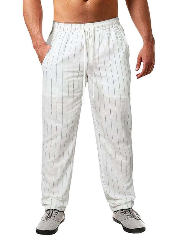 Stylish Striped Men's Beach Trousers with Elastic Waist and Lace-up Design for Effortless Summer Vibes