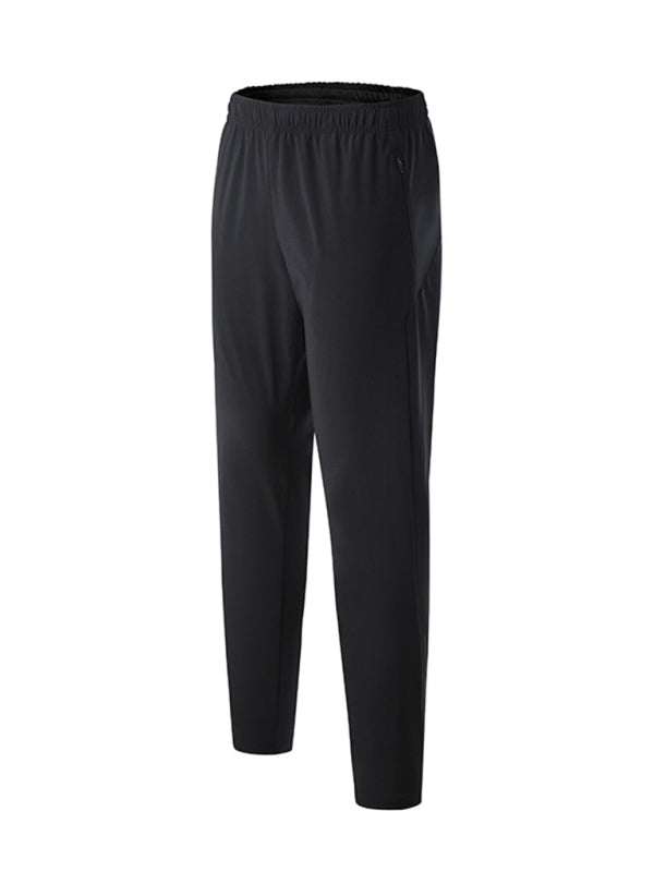 Men's quick-drying elastic casual fitness training trousers, black, polyester blend, four seasons, slant pockets.