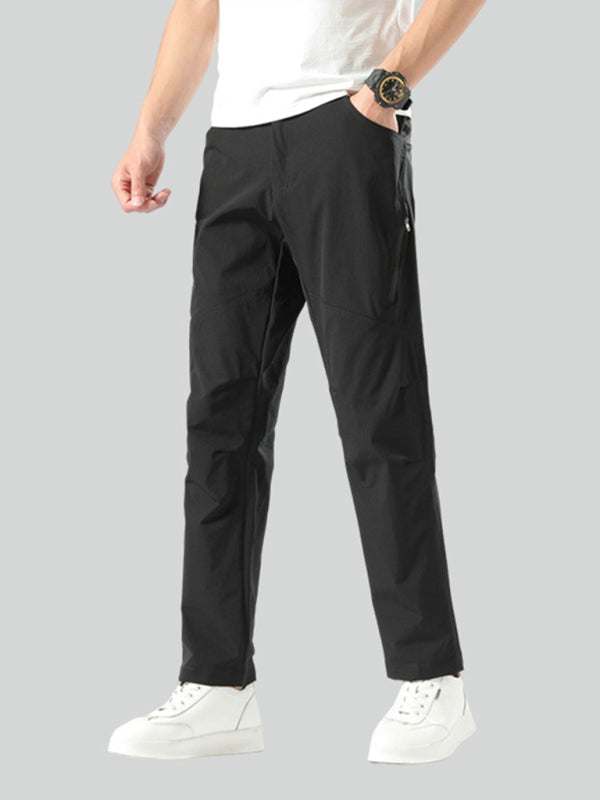 Men's quick-dry stretch fitness pants with slant pockets and zipper details, suitable for four seasons.