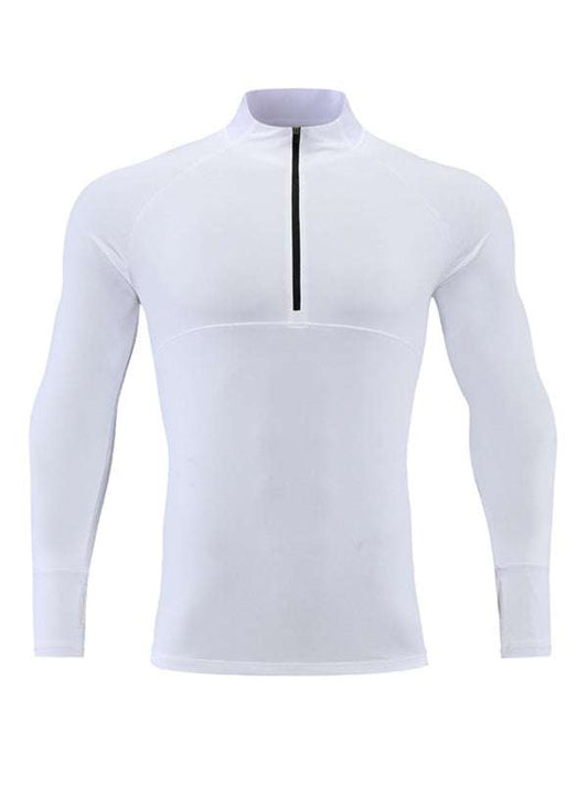 Men's long-sleeved quick-drying sports fitness top with stand-up collar, white.