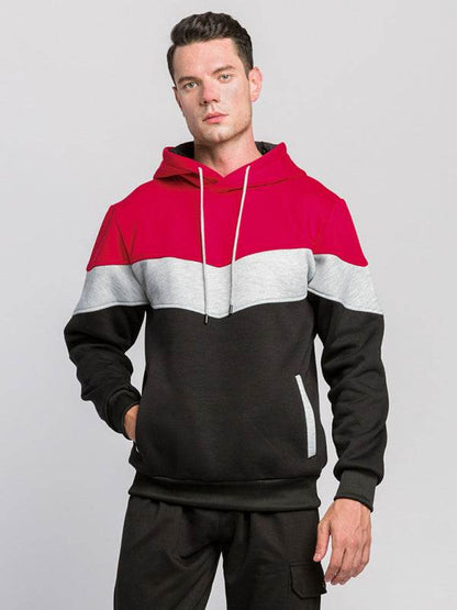 Men's casual color block contrast fashion hooded sweatshirt in black, gray, and red.