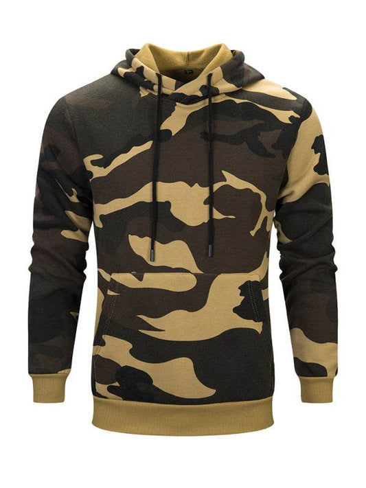 Men's casual camouflage print fashion hooded sweatshirt with slant pocket and knit material.