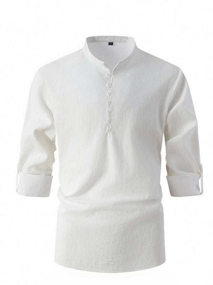 Fashion retro stand collar slim fit casual long sleeve shirt in white cotton blend.