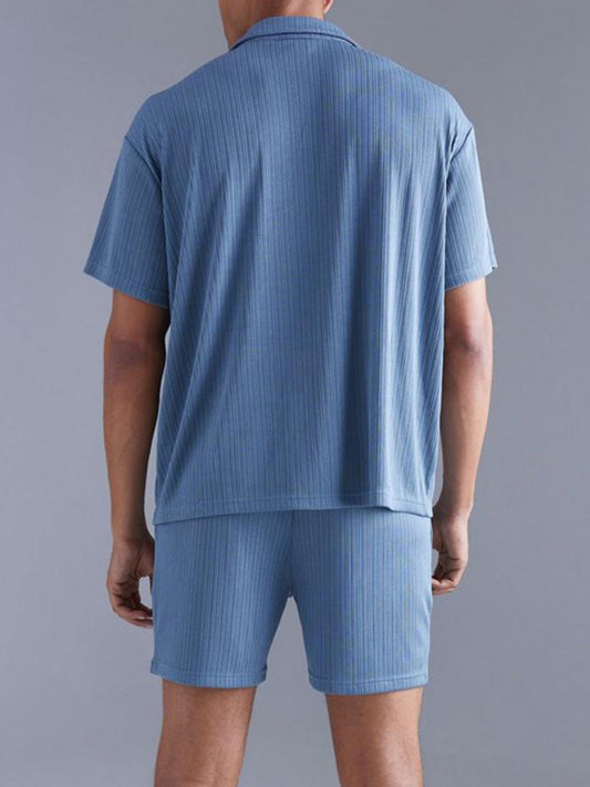 Dark Blue Short-Sleeved Shirt and Shorts Men's Suit - Versatile and Stylish
