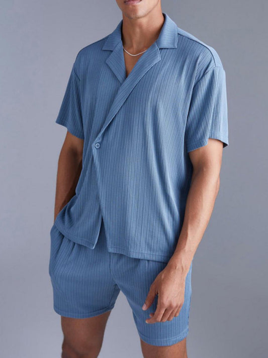 Dark Blue Short-Sleeved Shirt and Shorts Men's Suit - Versatile and Stylish