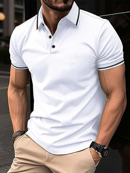 Men's white sports polo shirt with ribbed collar and buttons, lapel collar design.