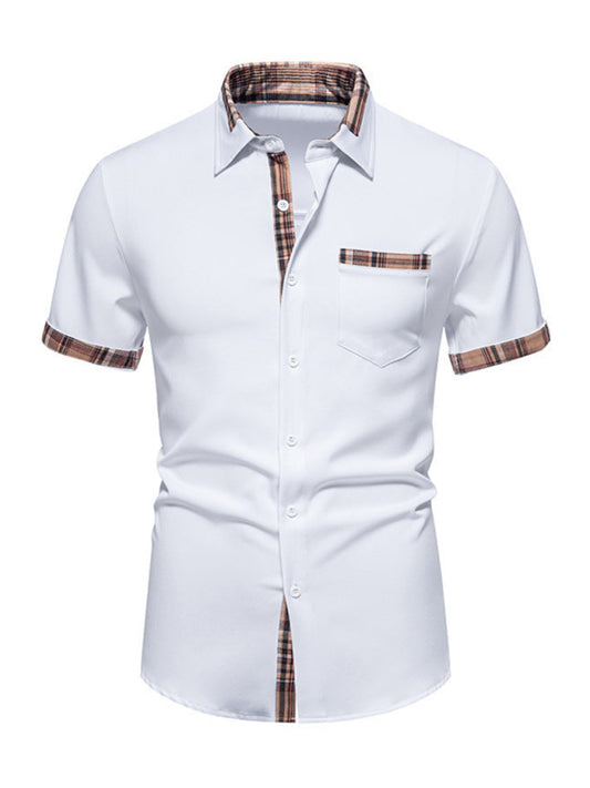 Plaid Color Block Men's Casual Short Sleeve Shirt