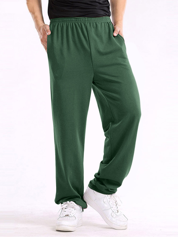 Men's casual straight solid color loose trousers, green with elastic waistband and moderate elasticity, ideal for spring-summer.