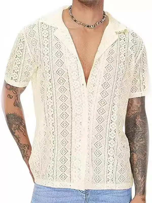 men's fashionable lace floral button hollow short-sleeved shirt