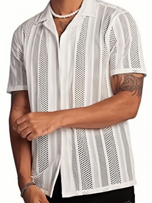 Street casual button knitted short sleeve shirt in white, made from polyester and cotton blend, perfect for spring-summer.