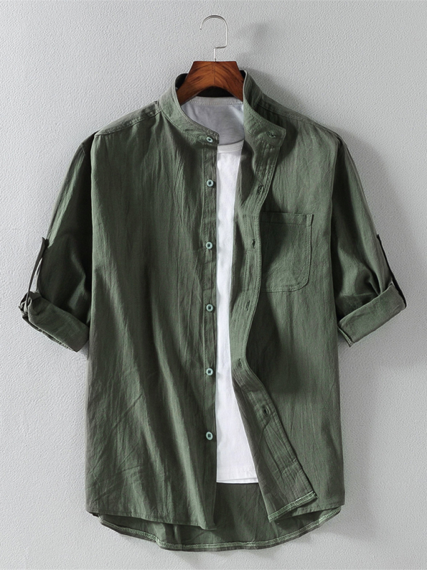 Men's casual solid color stand collar short sleeve shirt in dark green, cotton-linen blend, suitable for spring-summer.