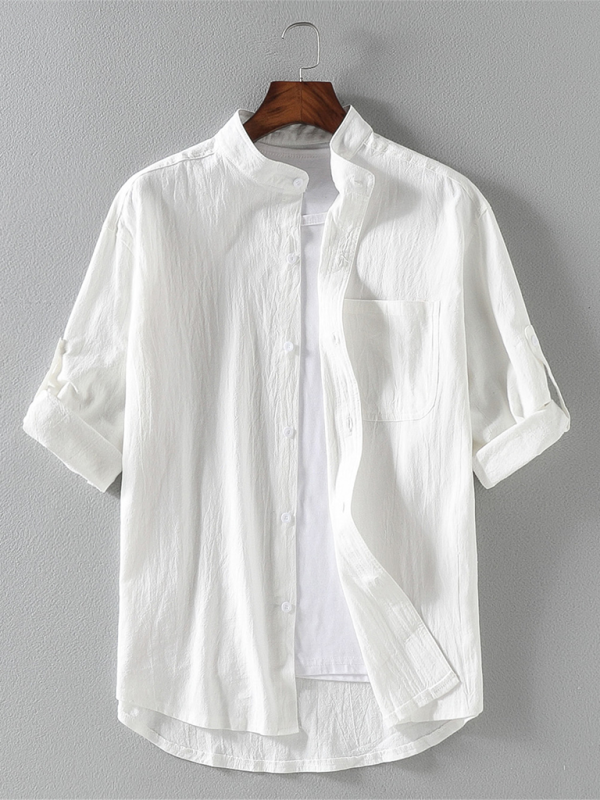 Solid Stand Collar Men's Casual Short Sleeve Shirt