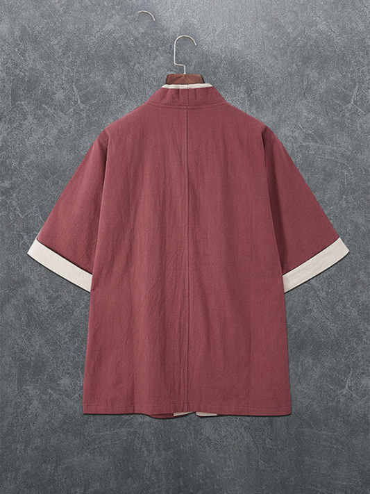 Solid Linen T-Shirt with Disc Button Detail for Men