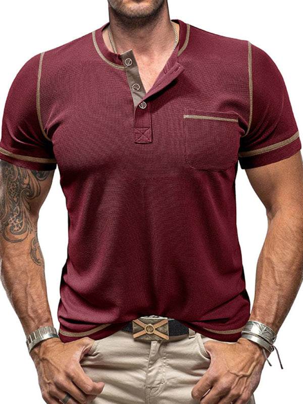 Men's American Vintage Henley Collar Short Sleeve T-Shirt in burgundy, polyester, leisure style, solid pattern.