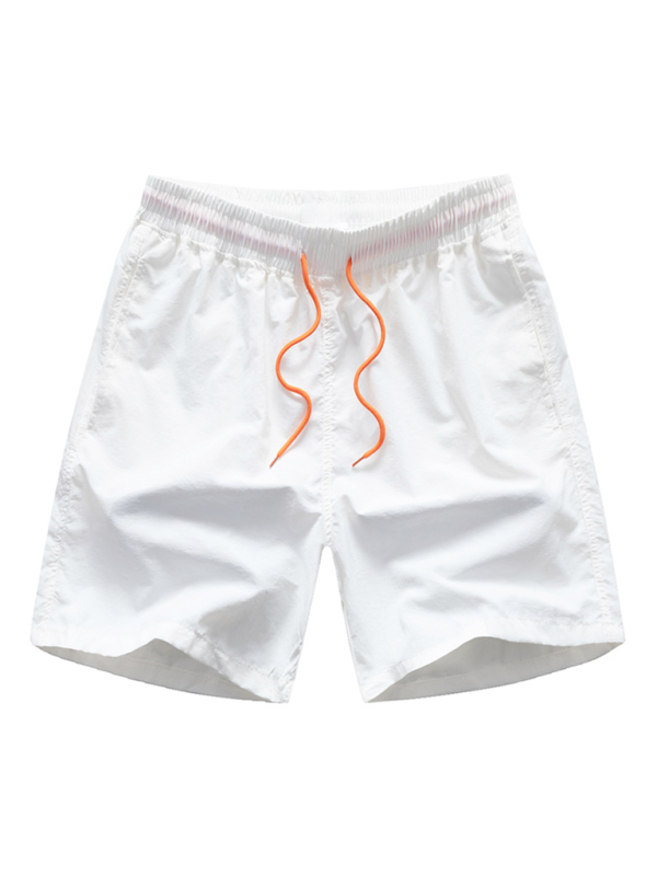 Men's summer quick-drying beach shorts, white, loose fit, with orange drawstring.