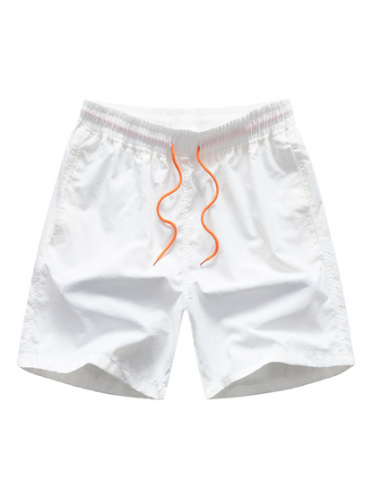 Men's summer quick-drying beach shorts, white, loose fit, with orange drawstring.