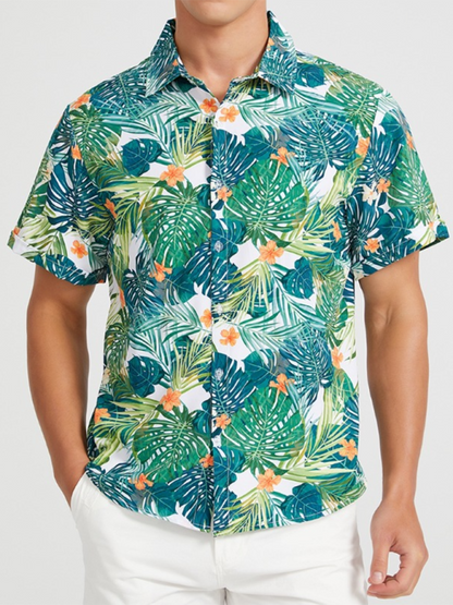 Men's Hawaiian vacation print short sleeve beach shirt, vibrant tropical design.