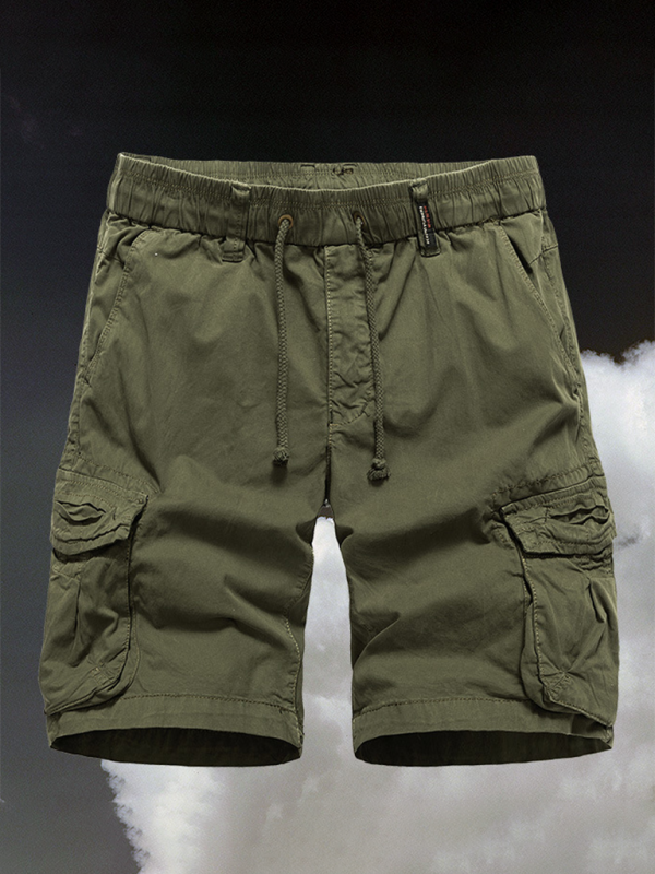 Men's multi-pocket quarter retro cargo pants in solid green, cotton fabric, true to size.