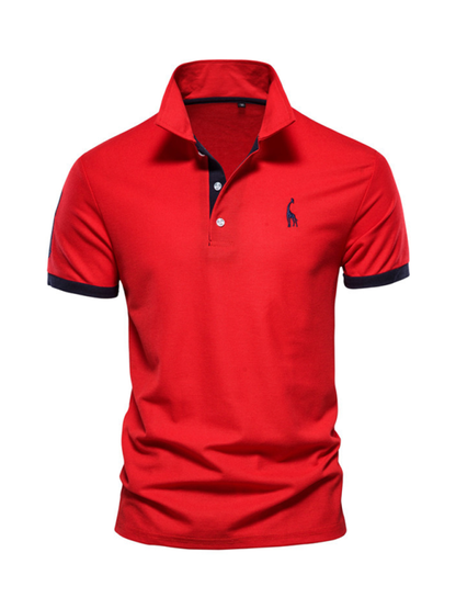 Men's red short-sleeved lapel polo shirt with deer embroidery.