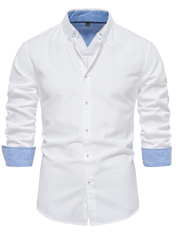 Men's casual long-sleeved solid color fashion top with lapel collar.