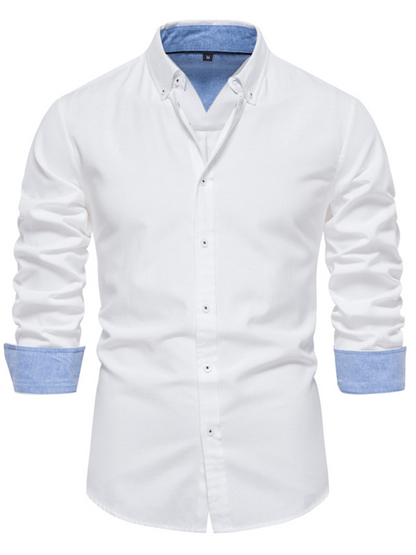 Men's casual long-sleeved solid color fashion top with lapel collar.