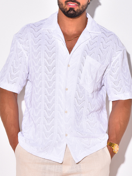 Men's knitted short-sleeved loose T-shirt with lapel collar in solid white, suitable for spring-summer casual wear.