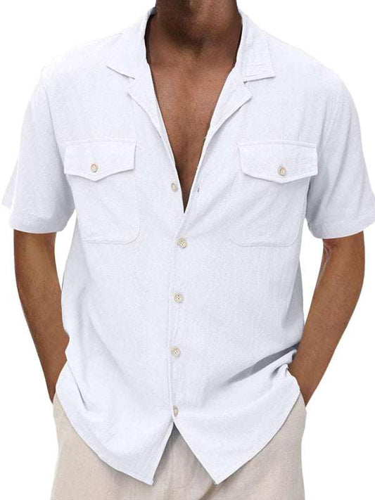 Men's casual cardigan short sleeve shirt with double pockets and lapel collar.