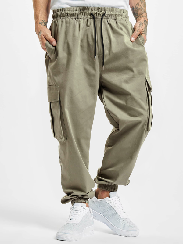 Men's overalls with drawstring and multi-pockets, outdoor thin casual pants, solid pattern, four-season use.