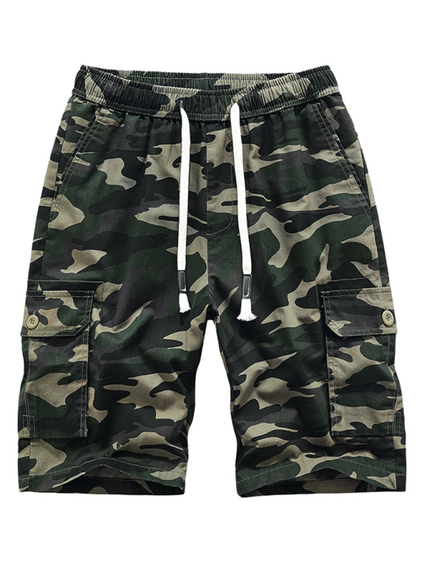 Men's large size cotton workwear shorts with camouflage pattern, welt pockets, spring-summer style.