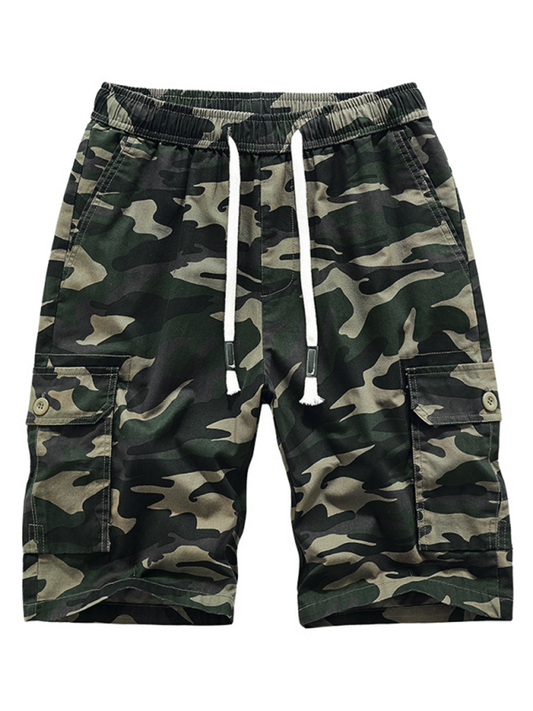 Men's large size cotton workwear shorts with camouflage pattern, welt pockets, spring-summer style.