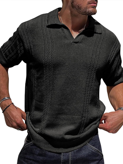 Stylish Men's V-Neck Short Sleeve Knitted Polo - Casual Solid Color Top for Spring-Summer